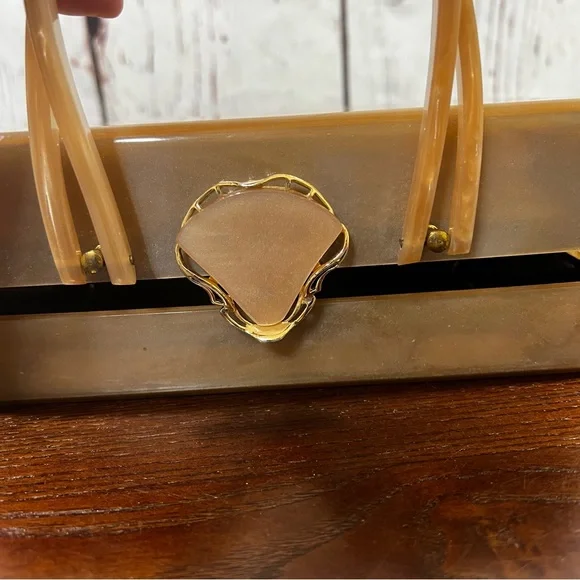 Retro Vintage Taupe Acrylic Box Bag with Gold Filigree - Picture 10 of 13